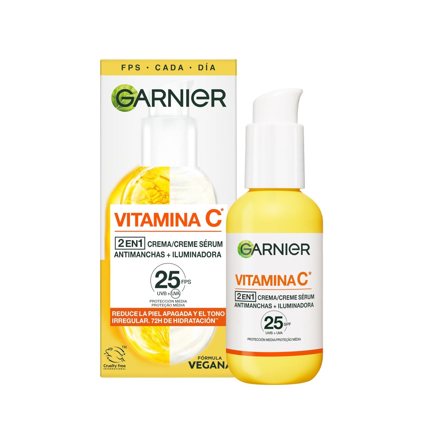 Garnier, Sérum Facial Iluminador y Anti Manchas 2 en 1, Con 20% Vitamina C y SPF25, No graso, Clínicamente probado, 50 ml