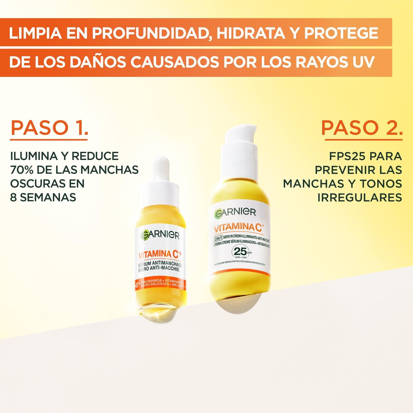 Garnier, Sérum Facial Iluminador y Anti Manchas 2 en 1, Con 20% Vitamina C y SPF25, No graso, Clínicamente probado, 50 ml