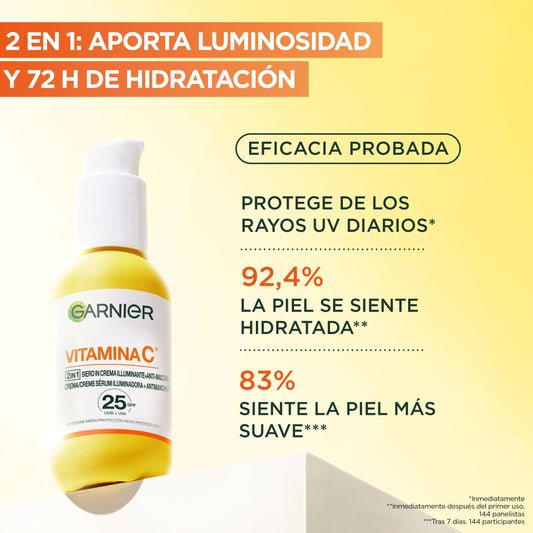 Garnier, Sérum Facial Iluminador y Anti Manchas 2 en 1, Con 20% Vitamina C y SPF25, No graso, Clínicamente probado, 50 ml